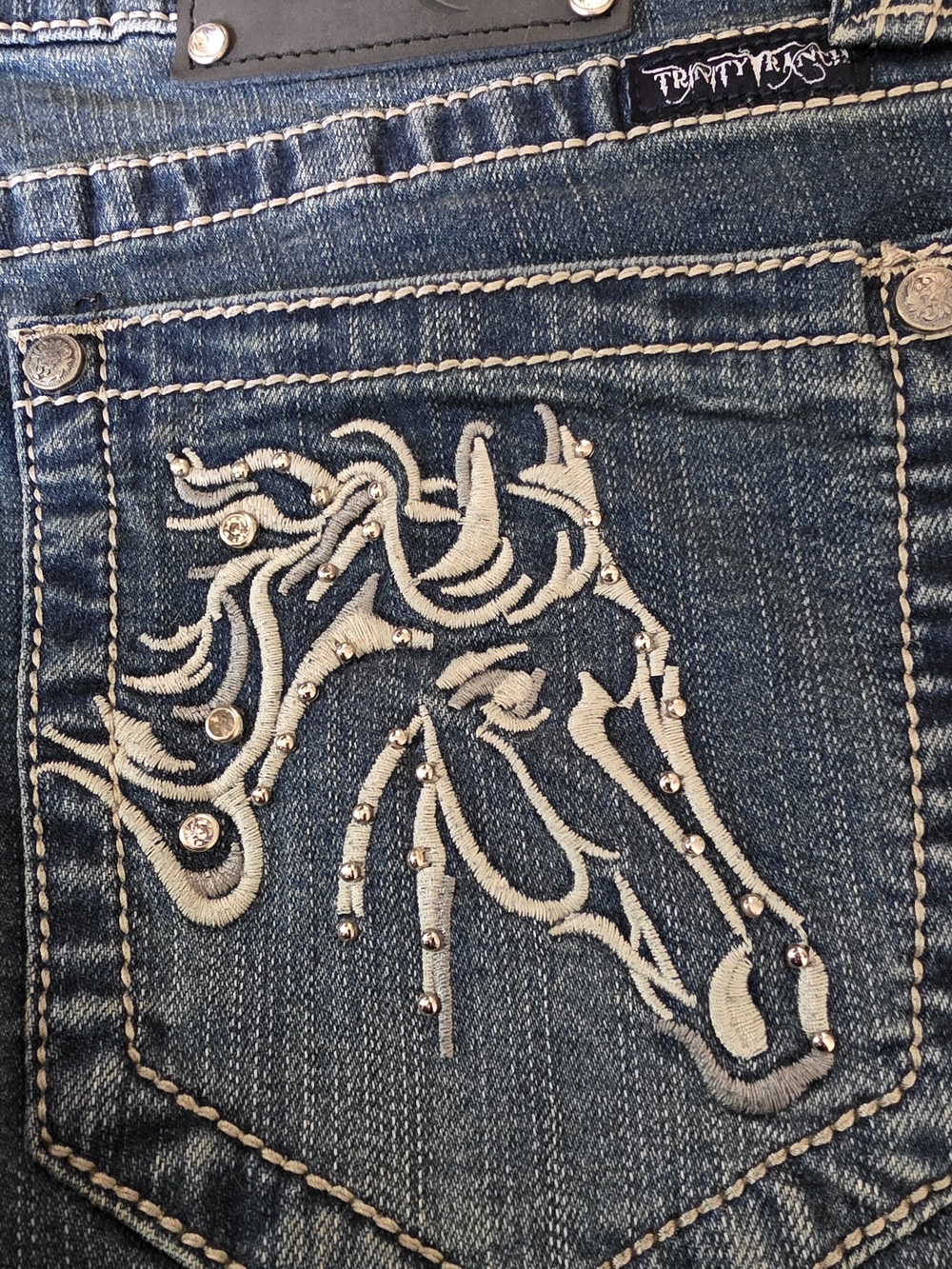 Trinity Blue Denim Wide Leg Jeans with Embroidered Horse Pocket